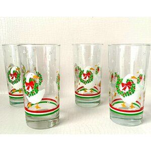 4 Christmas Geese Drinking Glasses Tumblers Libbey Cocktail Glasses